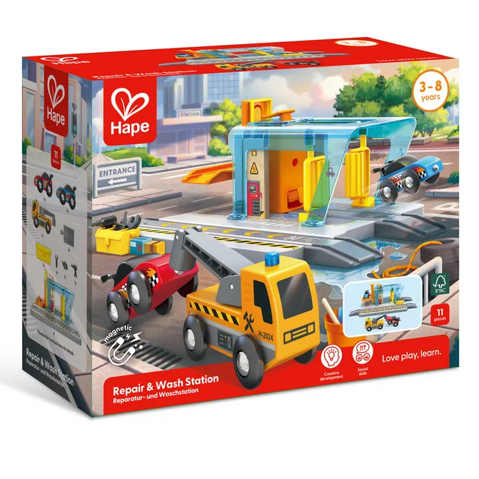Caja Estación de Reparación y Lavado-Hape-disponible en Juguetería Educativa Mukkies.webp