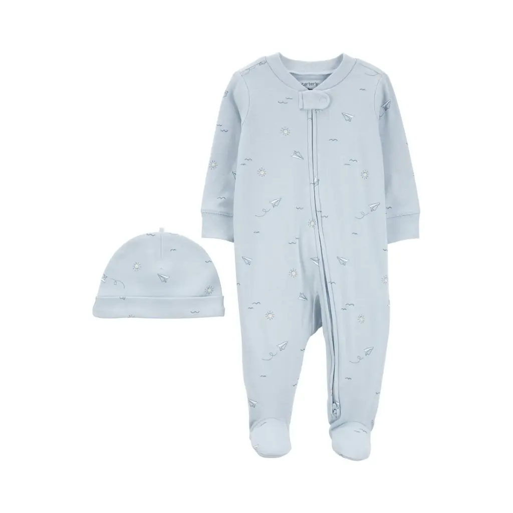 Pijama una pieza de algodón, con pie y gorro, diseño aviones - 6M