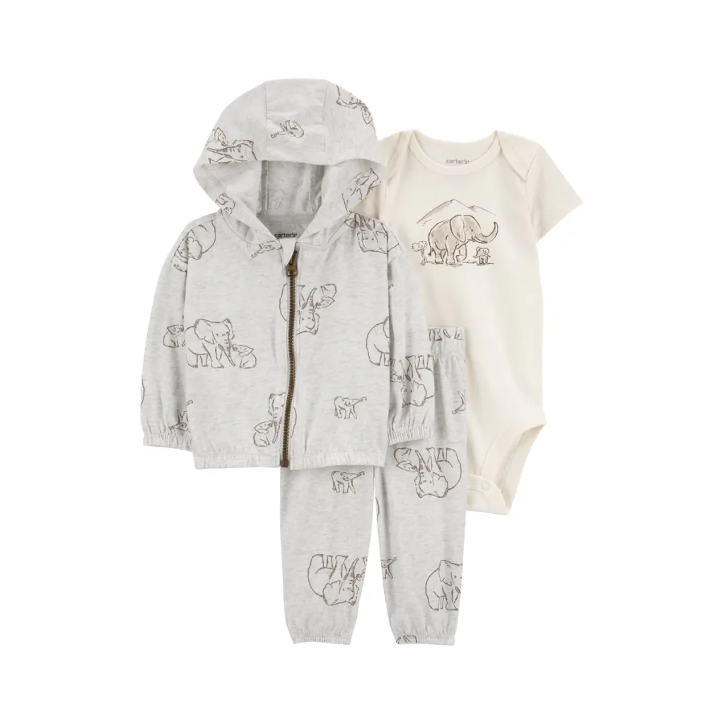 Conjunto 3 piezas de algodón, chaqueta con capucha, pantalón y bodi, diseño elefante