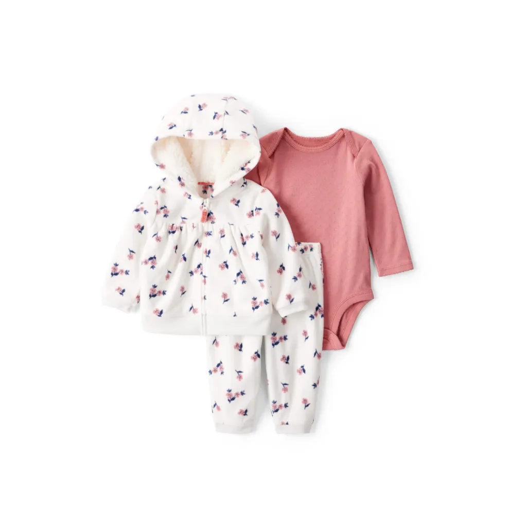 [1T878610-0-3M] Conjunto de tres piezas con chaqueta floral en marfil, bodi y pantalón (3m)