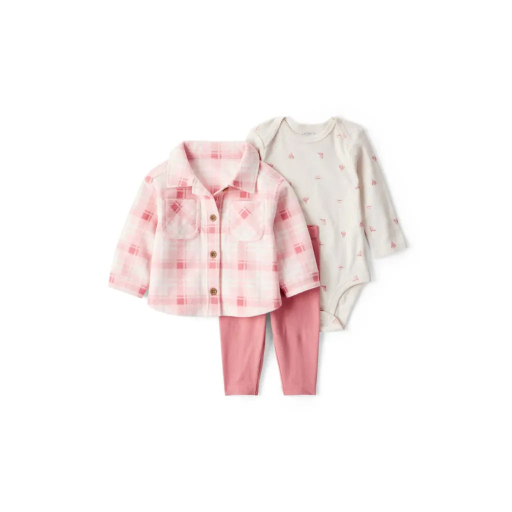 [1T878810-0-6M] Conjunto de tres piezas con cárdigan rosa de cuadros, bodi y pantalón (6m)