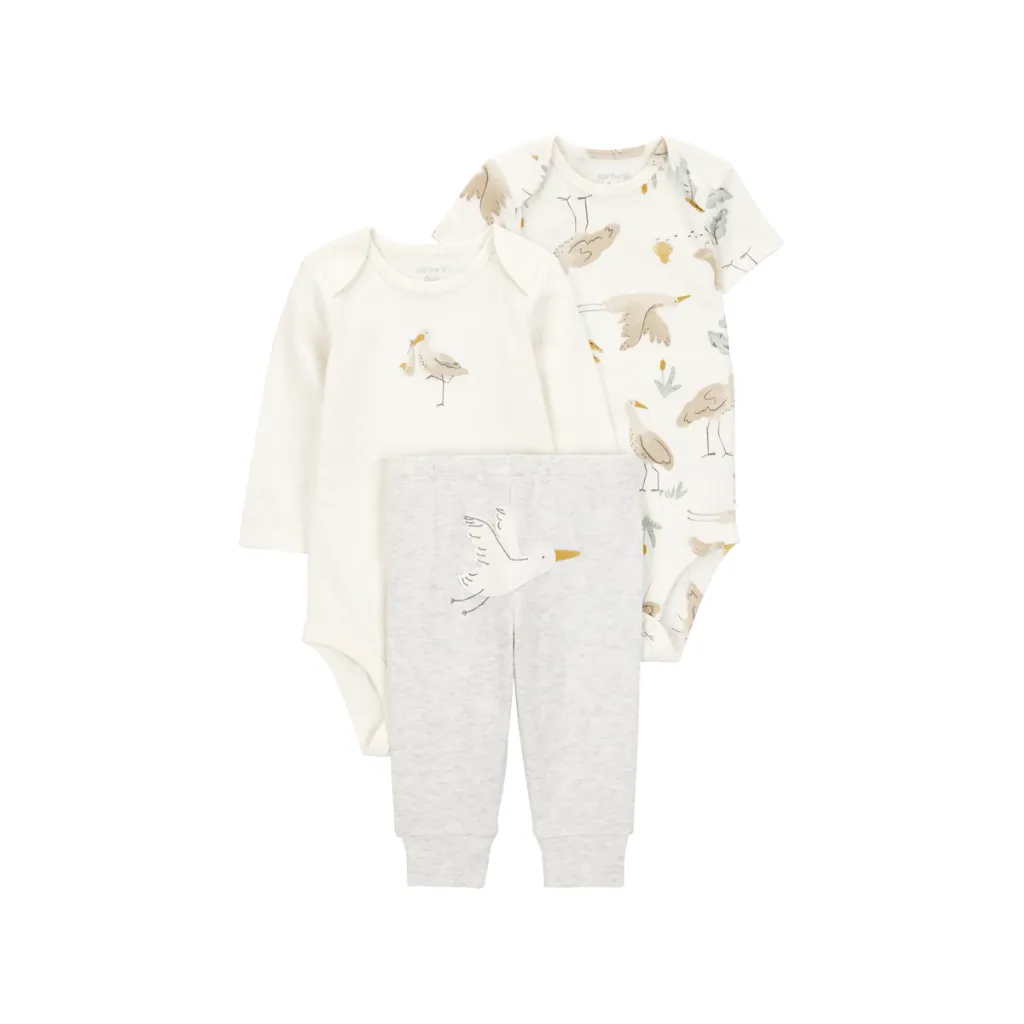 Conjunto tres piezas algodón pantalón y dos bodis diseño aves