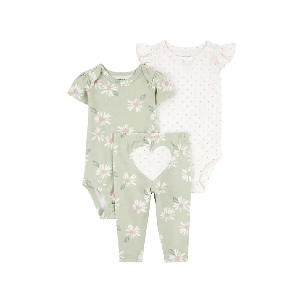 Conjunto tres piezas algodón pantalón y dos bodis diseño corazones