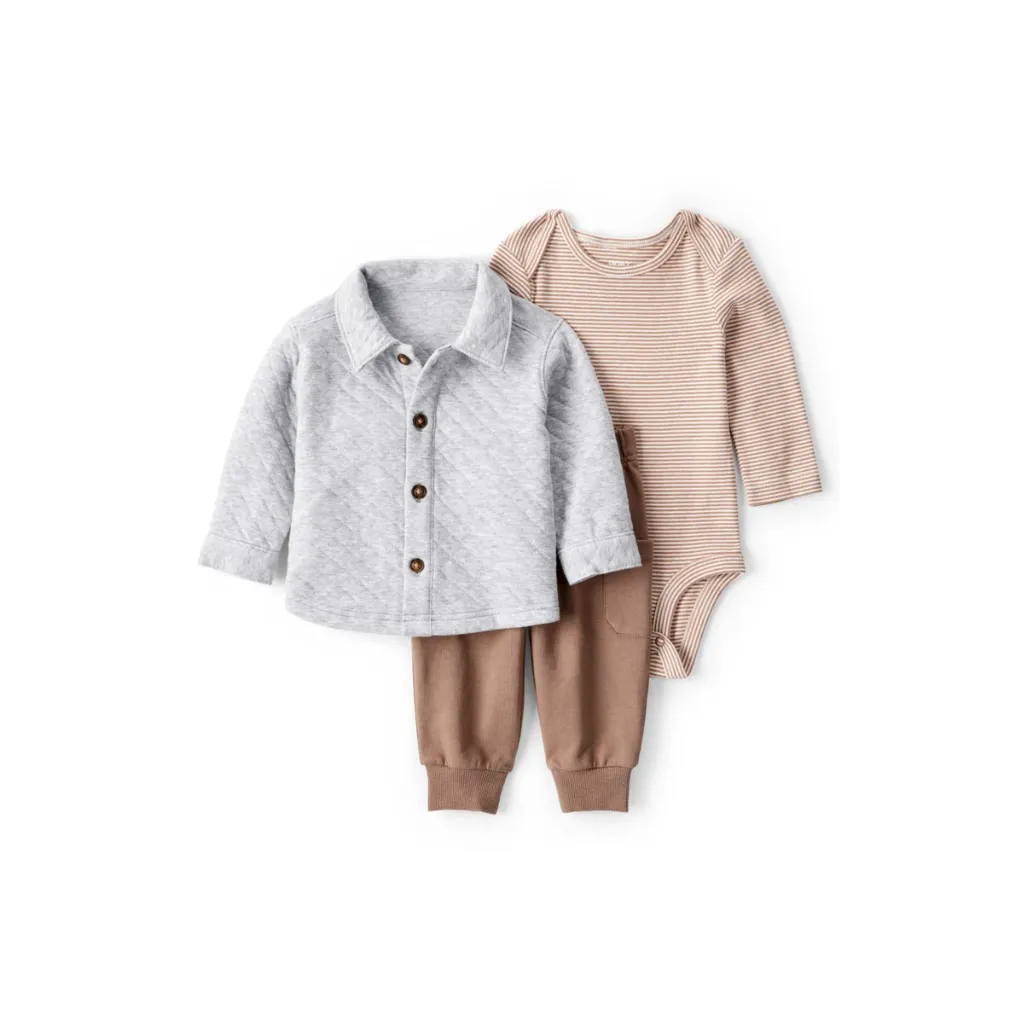 [1T879210-0-6M] Conjunto tres piezas con cárdigan acolchado, bodi de rayas y pantalón (6m)