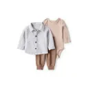 Conjunto tres piezas con cárdigan acolchado, bodi de rayas y pantalón