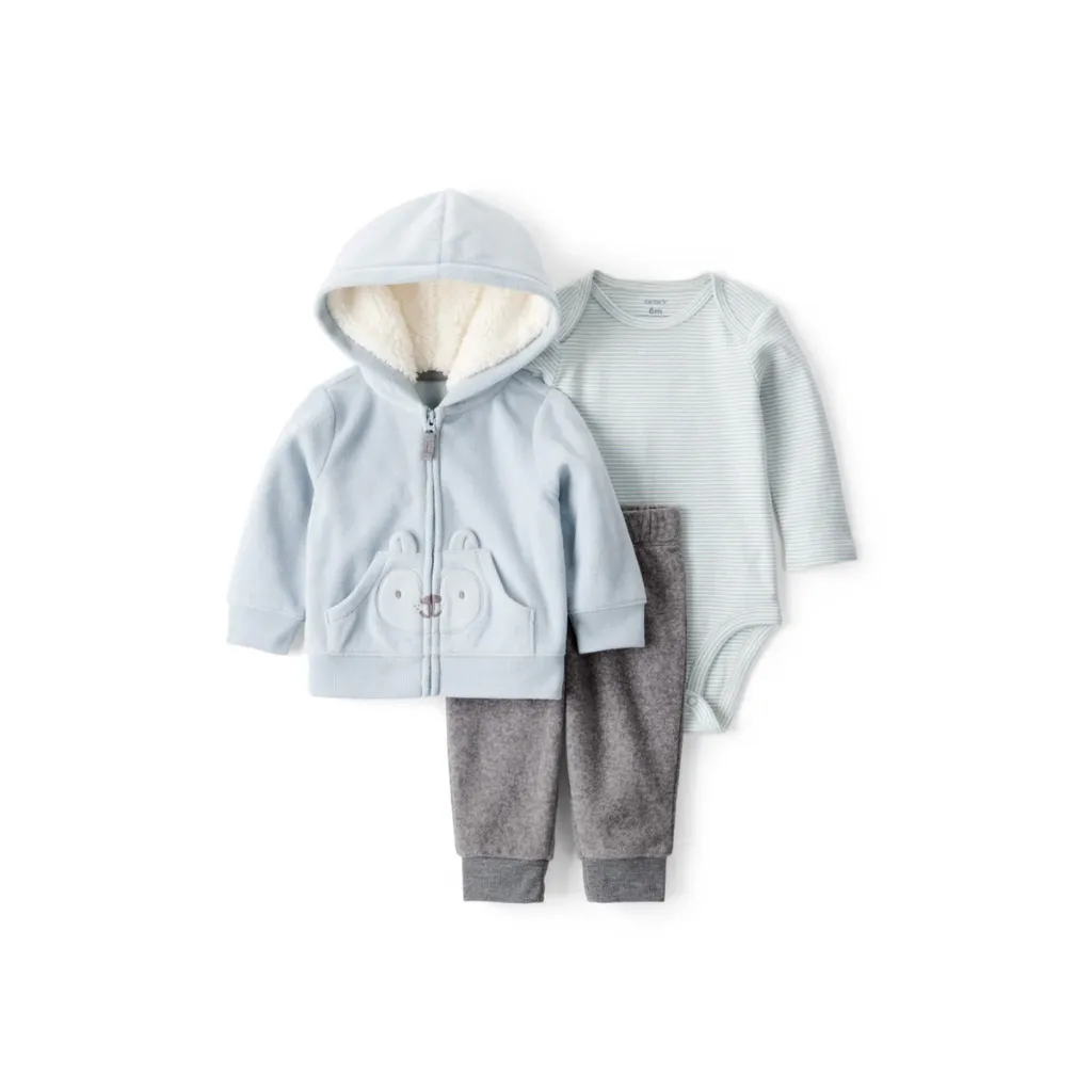 [1T879010-0-3M] Conjunto tres piezas con sudadera azul, bodi estampado y pantalón (3m)