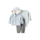 Conjunto tres piezas con sudadera azul, bodi estampado y pantalón