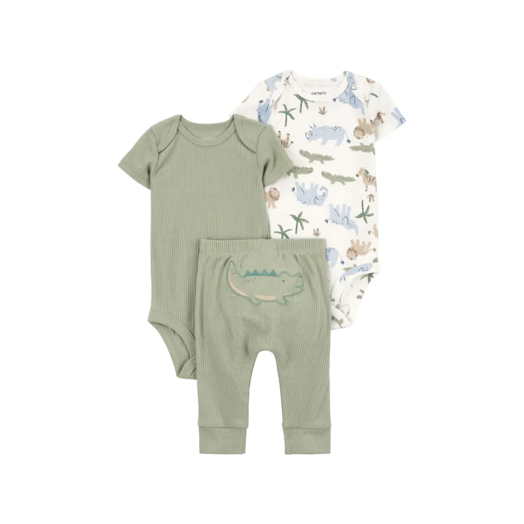 [1S359710-0-3M] Conjunto tres piezas de algodón pantalón y dos bodis diseño caimán (3m)