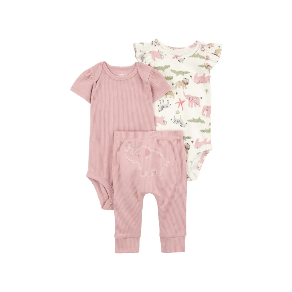 Conjunto tres piezas de algodón, pantalón y dos bodis, diseño elefantes