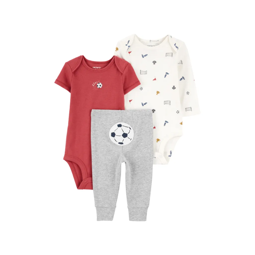 Conjunto tres piezas pantalón y dos bodis diseño fútbol