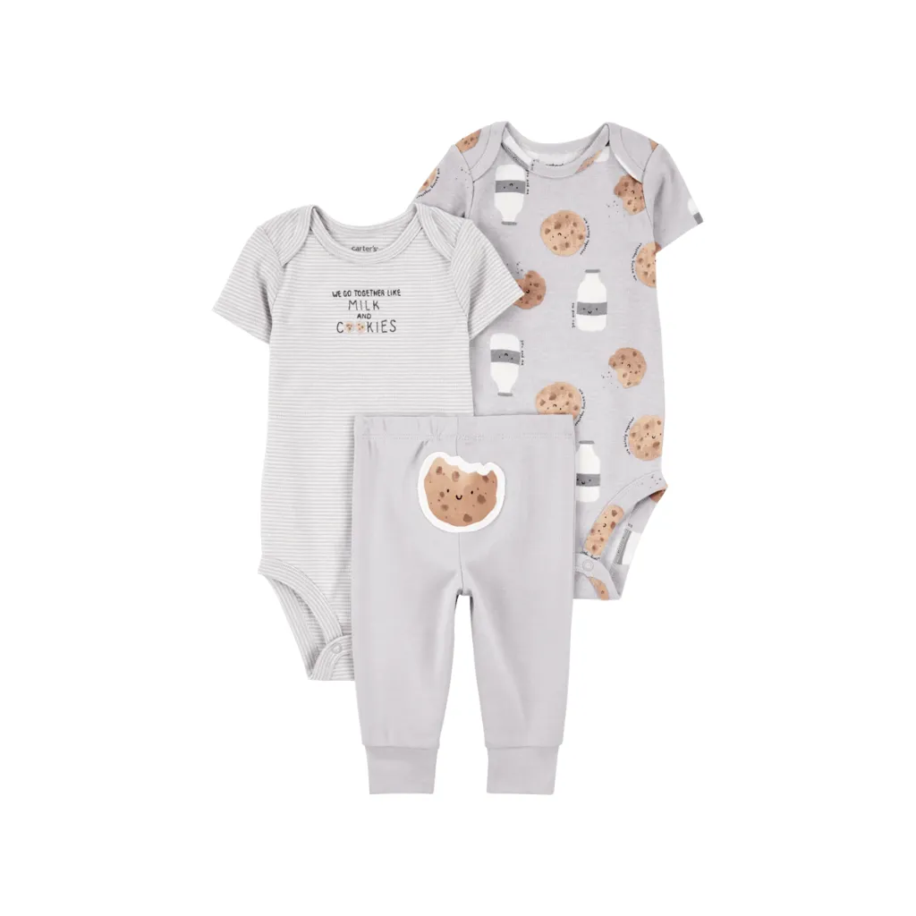 Conjunto tres piezas pantalón y dos bodis diseño galletitas