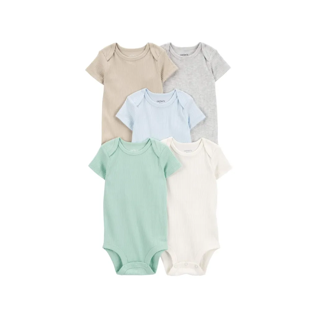 [1S792110-0-6M] Pack de cinco bodis de algodón de manga corta en verde, gris y azul (6m)