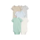 Pack de cinco bodis de algodón de manga corta en verde, gris y azul