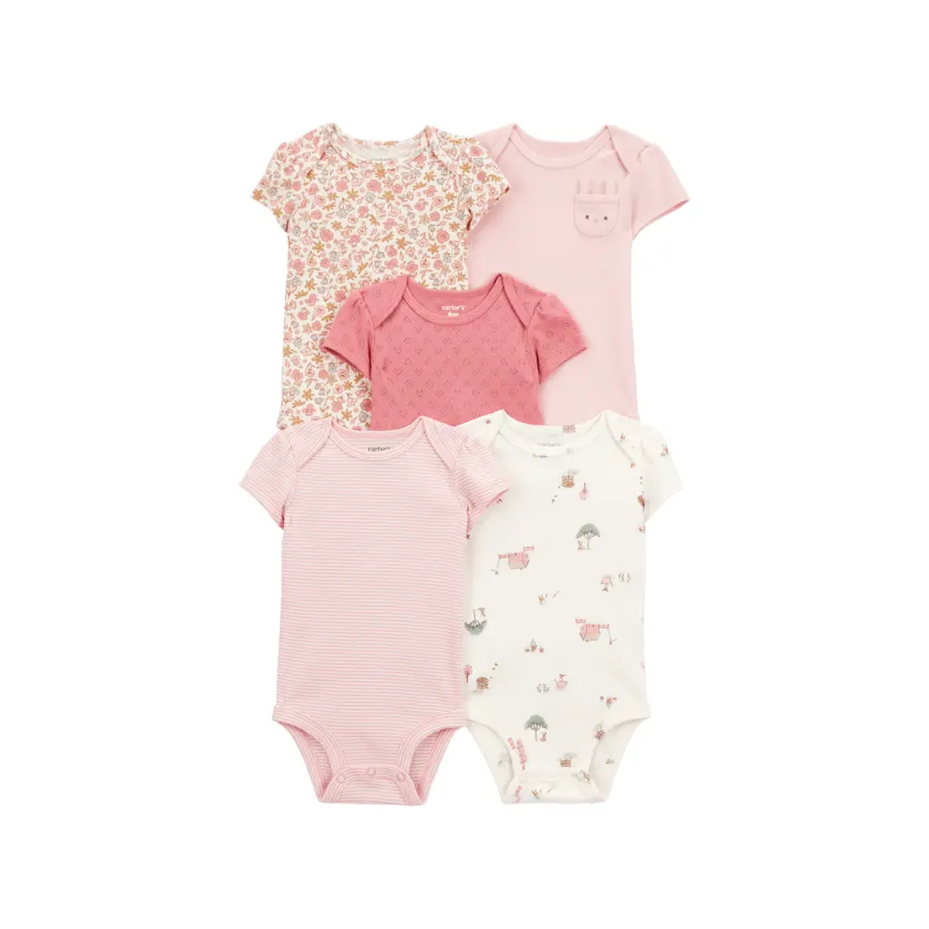 [1T009510-0-6M] Pack de cinco bodis de algodón de manga corta rosados (6m)