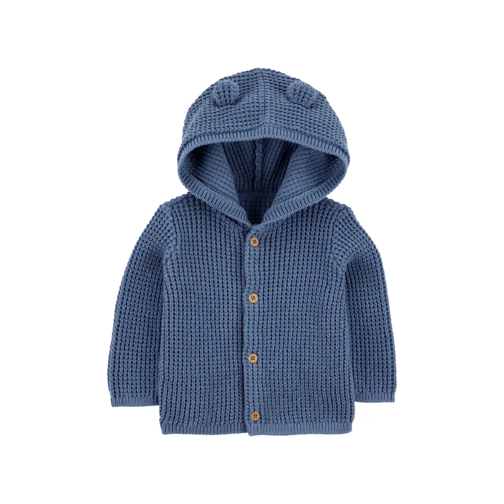 Chaqueta punto canalé capucha diseño oso azul