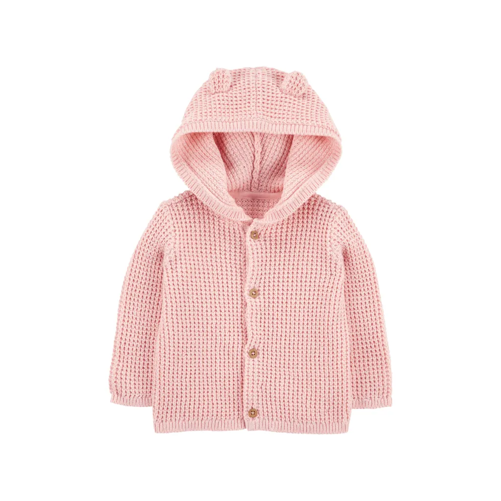 [1S939510-0-3M] Chaqueta punto canalé capucha diseño oso rosa (3m)