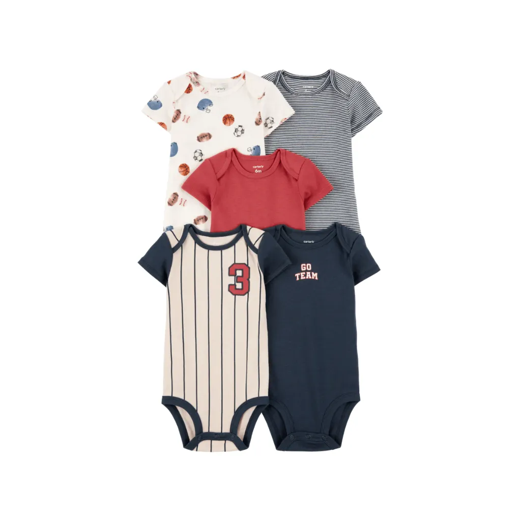 Pack cinco bodis de algodón de manga corta con diseño béisbol