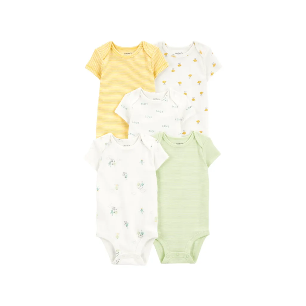 [1S790610-0-3M] Pack cinco bodis de algodón de manga corta en tonos verde/amarillo (3m)